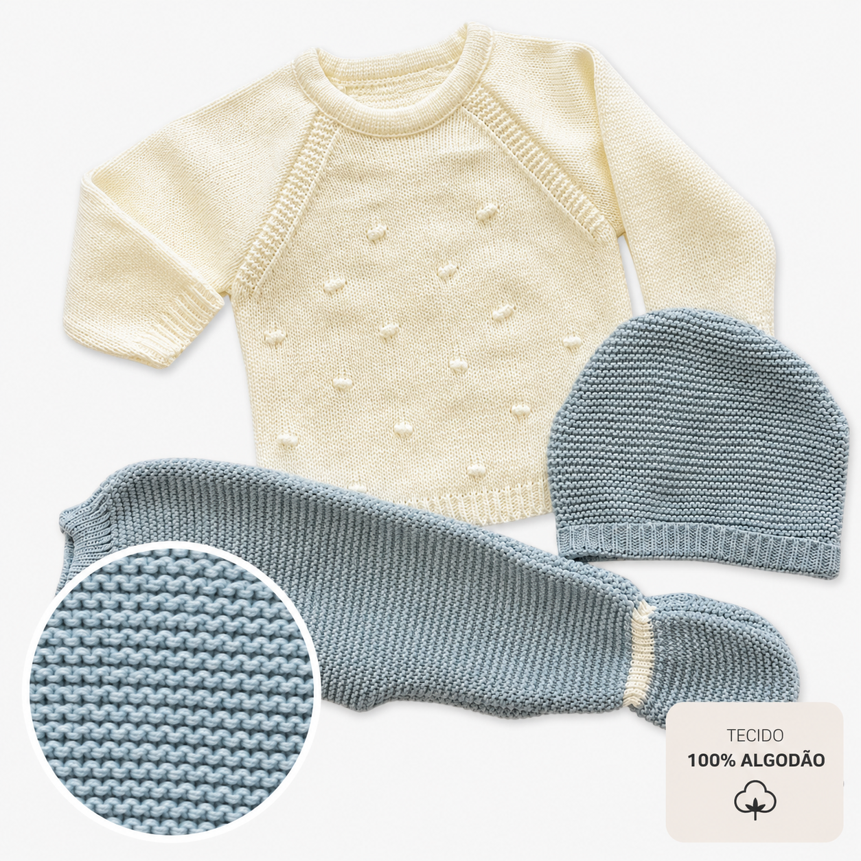 Conjunto de Malha para Bebé com Camisola, Calças com Pé e Gorro Marfim e Verde Sálvia LOLO