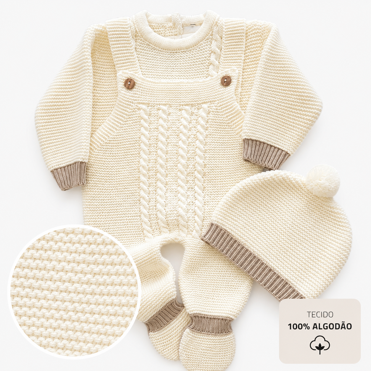 Babystrickset mit Latzhose, Pullover und Mütze Elfenbein und Beige LOLO