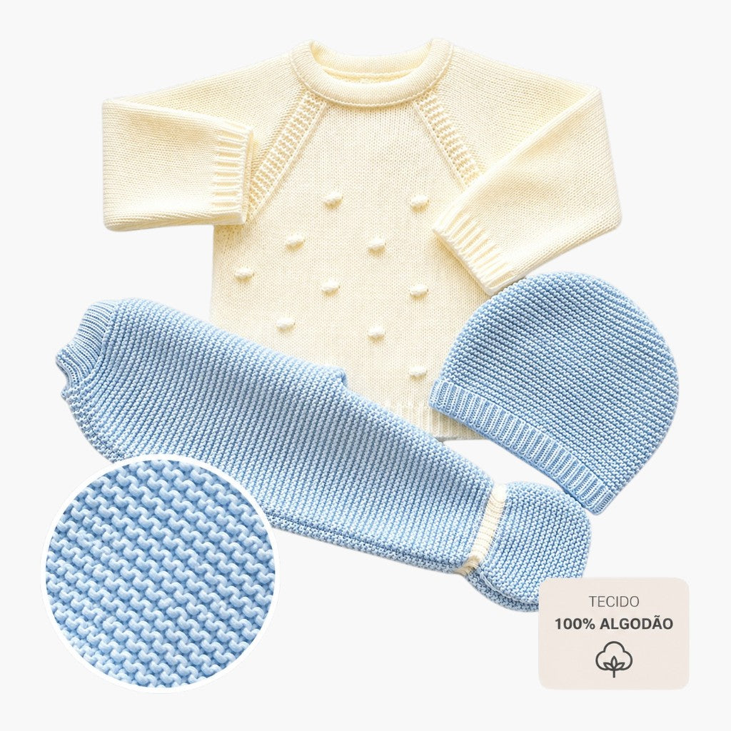 Set aus Strickkleidchen und Mütze für Babys LOLO in Creme und Himmelblau