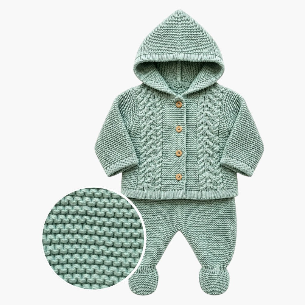 Strickset für Babys mit Kapuzenjacke Salbeigrün LOLO