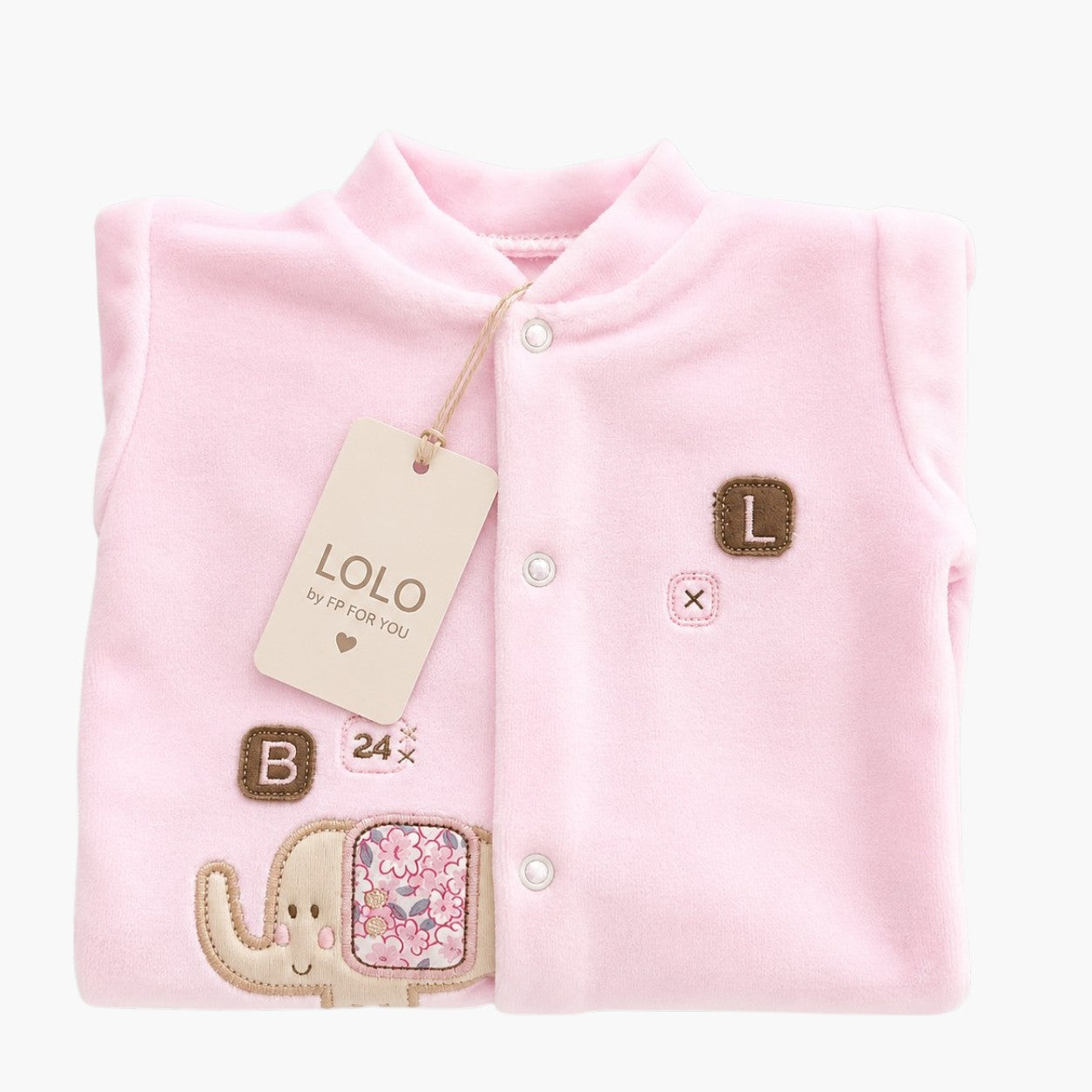 Baby-Strampler aus rosa Samt mit Elefanten-Applikation
