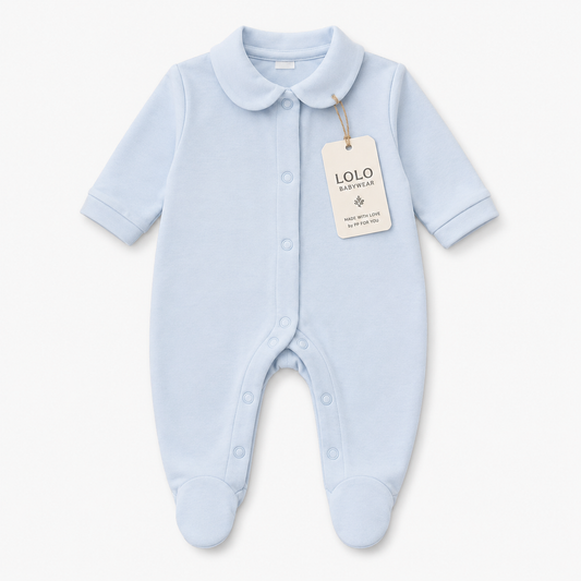 Blauer Baby-Strampler aus Baumwolle mit Kragen
