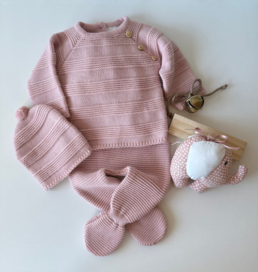 Set aus Altrosa Strick für Babys, 3-teilig, 100 % Baumwolle