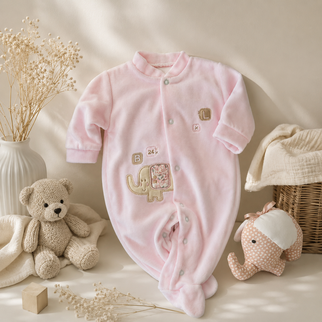 Babygrow de Veludo Rosa Bebé com Aplicação Elefante