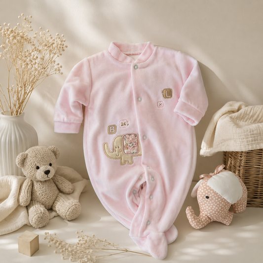 Baby-Strampler aus rosa Samt mit Elefanten-Applikation