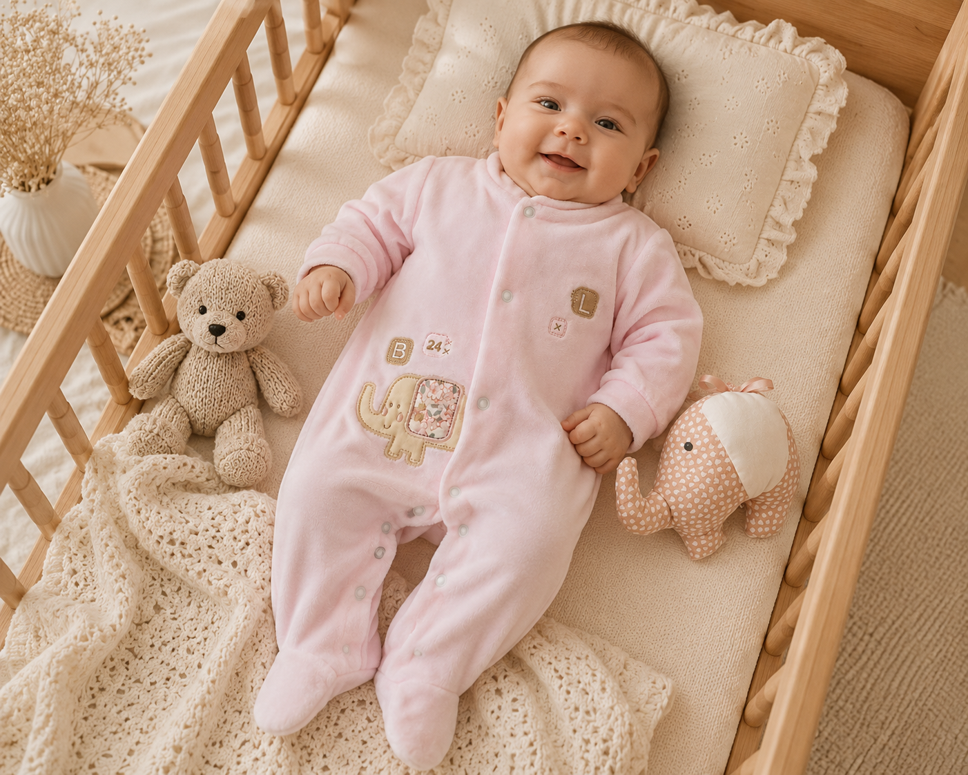 Babygrow de veludo rosa bebé com elefante, vista 4