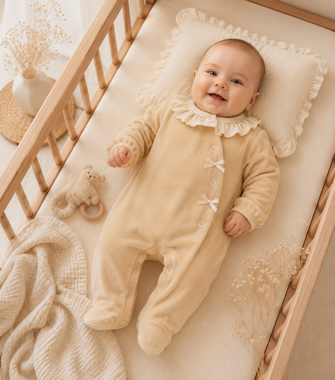 Babygrow de Veludo Bege com Gola de Folho