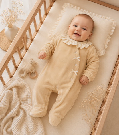 Babygrow de Veludo Bege com Gola de Folho
