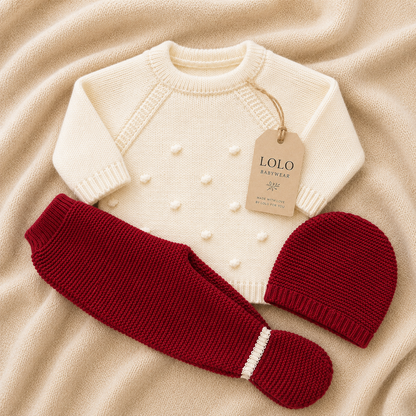 Conjunto de Malha para Bebé com Gorro Creme e Bordô LOLO