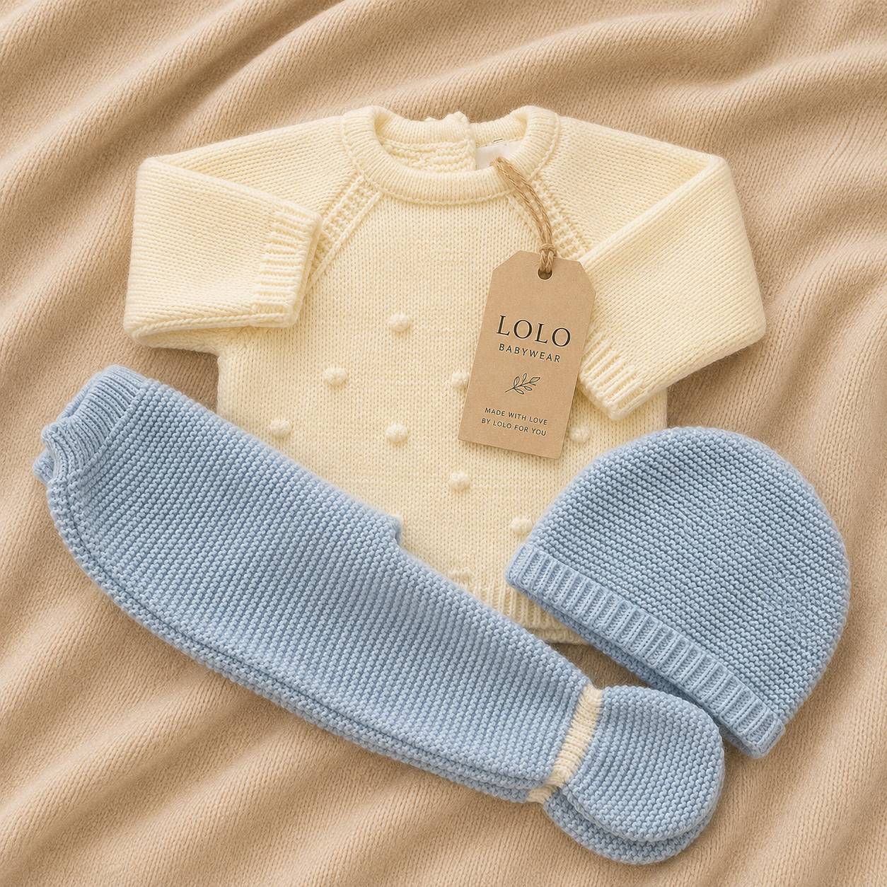 Conjunto de Malha para Bebé com Gorro Creme e Azul Céu LOLO