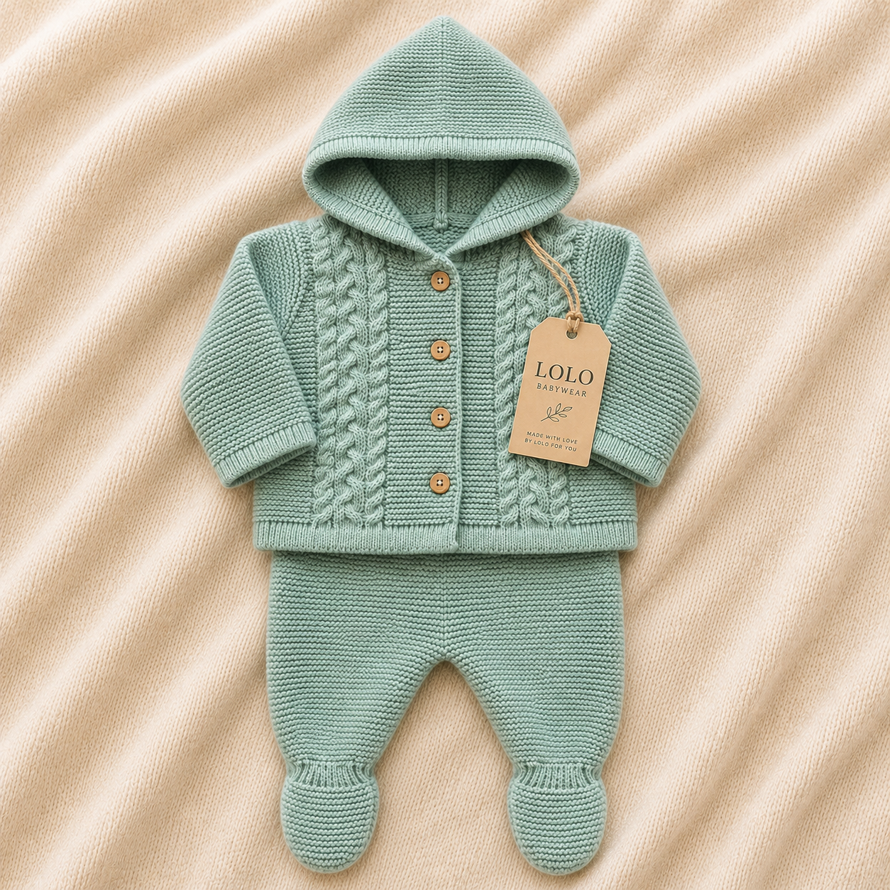 Conjunto de Malha para Bebé com Casaco de Capuz Verde Sálvia LOLO