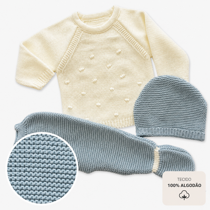 Conjunto de Malha para Bebé com Camisola, Calças com Pé e Gorro Marfim e Verde Sálvia LOLO