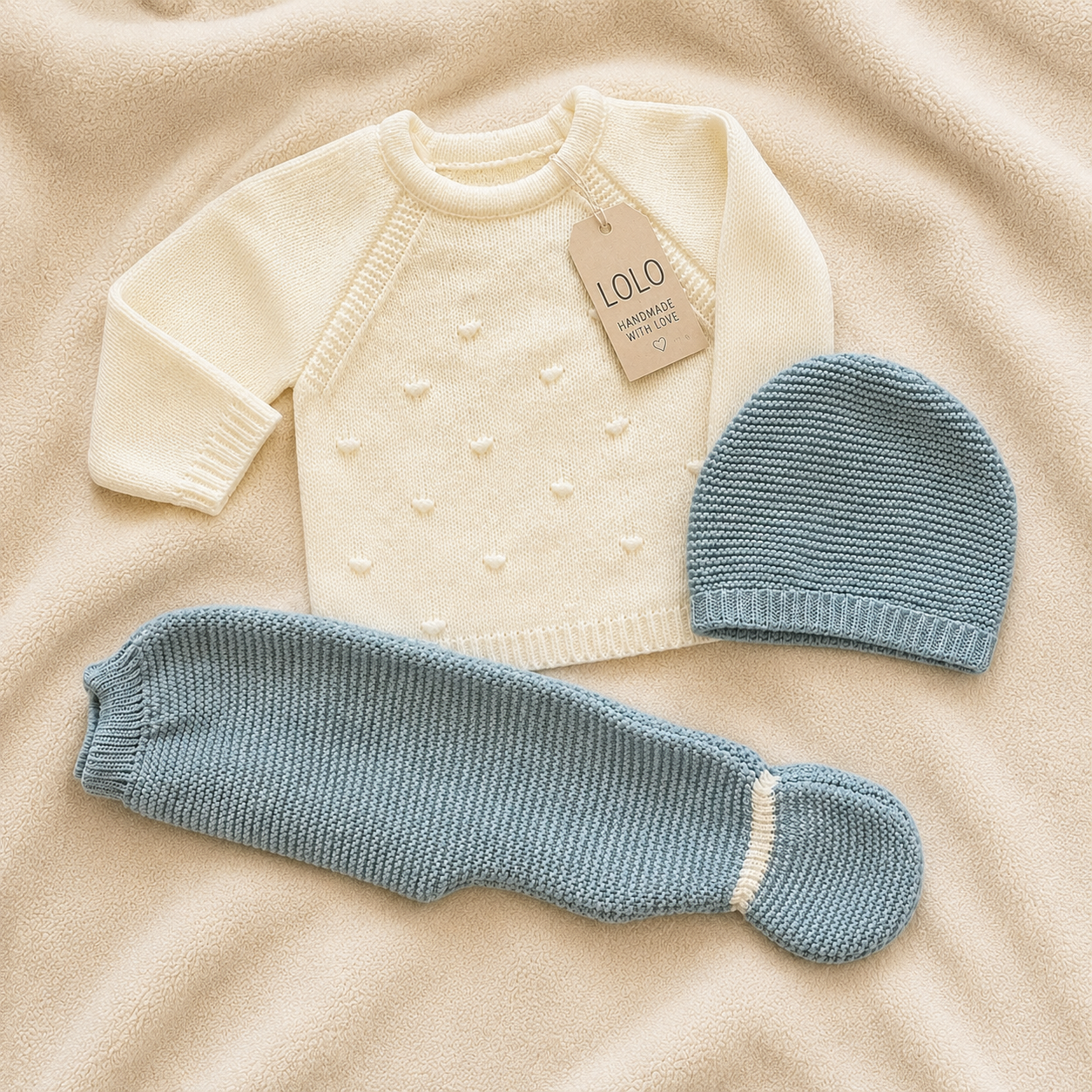 Conjunto de Malha para Bebé com Camisola, Calças com Pé e Gorro Marfim e Verde Sálvia LOLO