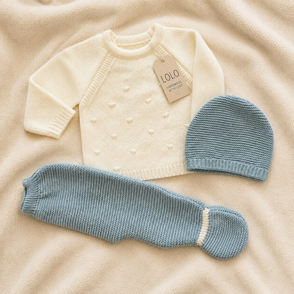 Conjunto de Malha para Bebé com Camisola, Calças com Pé e Gorro Marfim e Verde Sálvia LOLO