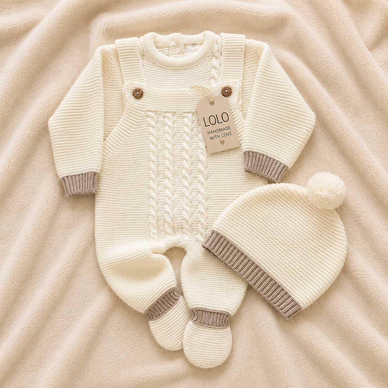 Babystrickset mit Latzhose, Pullover und Mütze Elfenbein und Beige LOLO