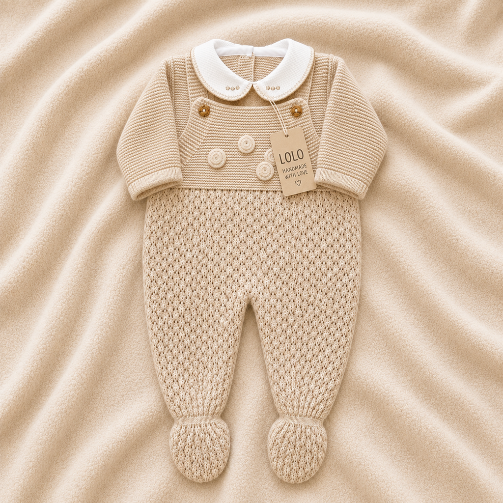 Conjunto de malha bebé com jardineira bege natural LOLO, vista 4