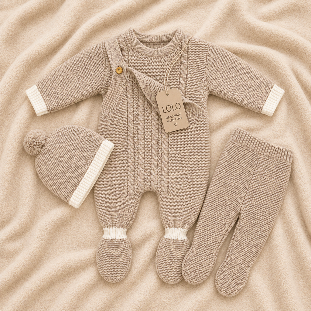 Conjunto de malha bebé com macacão e gorro bege natural LOLO, vista 3