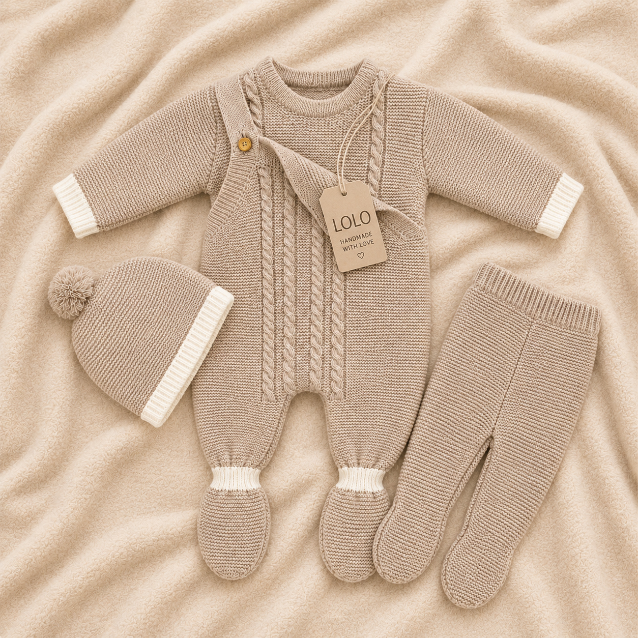 LOLO Strickset für Babys mit Strampler und Mütze, Naturbeige