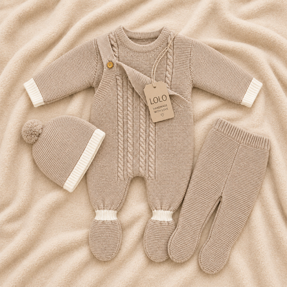 LOLO Strickset für Babys mit Strampler und Mütze, Naturbeige