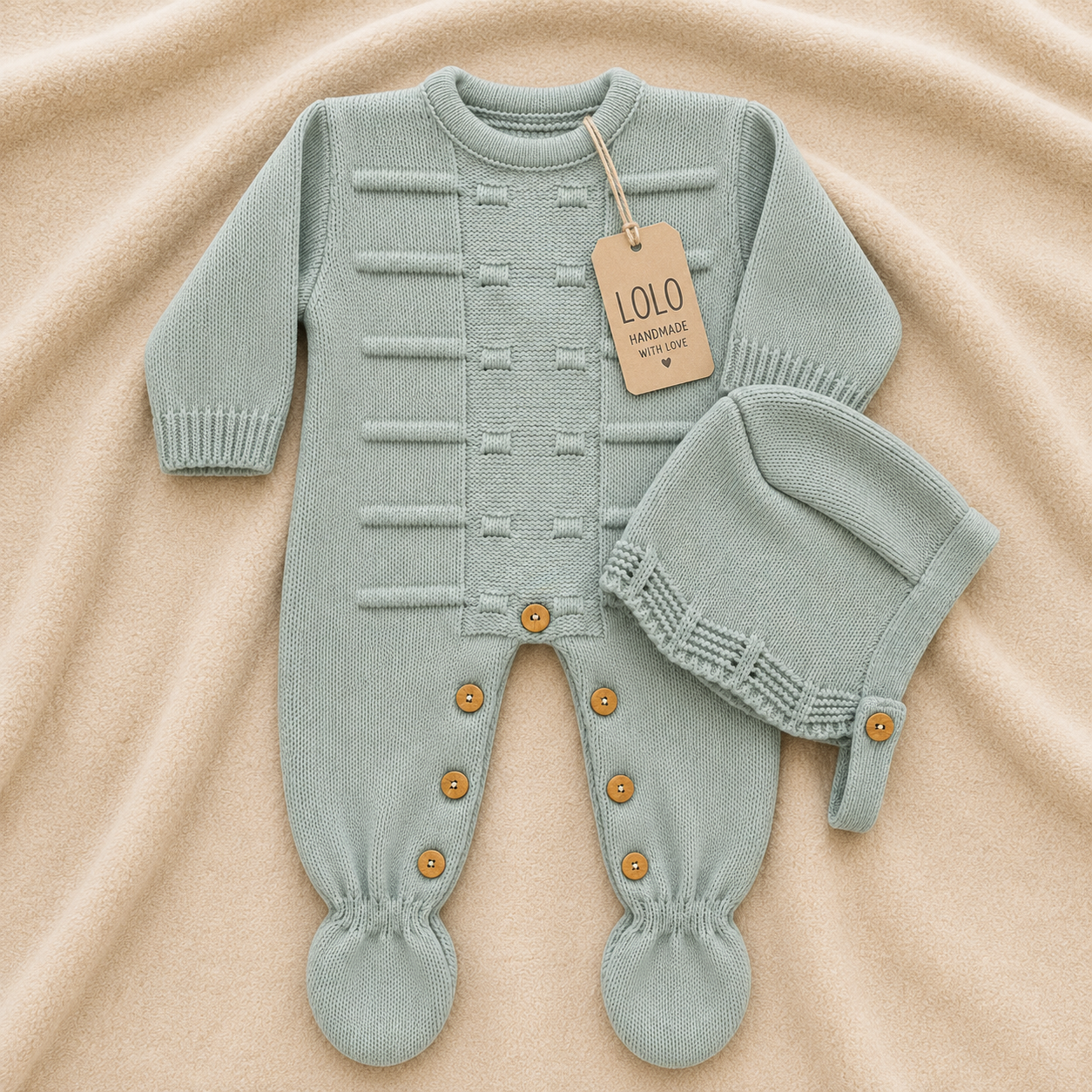LOLO Baby-Overall aus Strick mit Mütze, trockenem Grün