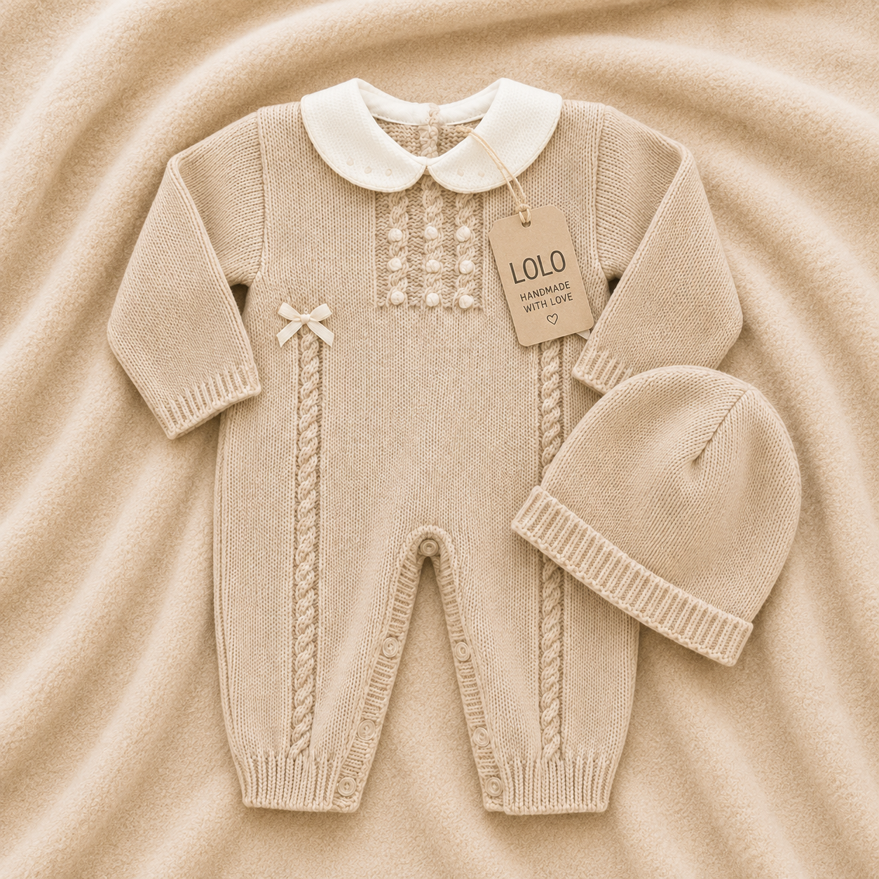 LOLO Strampler aus Jersey für Babys, Sandbeige mit Mütze