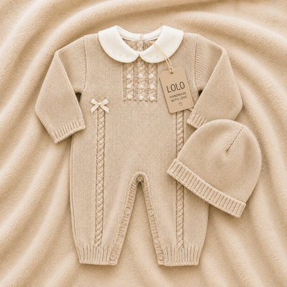 LOLO Strampler aus Jersey für Babys, Sandbeige mit Mütze