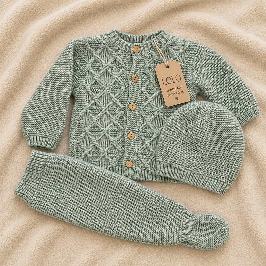 Conjunto de malha bebé com gorro verde sálvia LOLO, vista 5