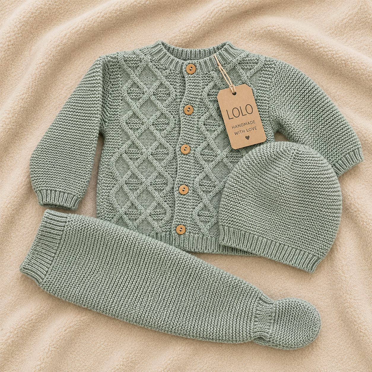 Conjunto de Malha para Bebé com Gorro Verde Sálvia LOLO