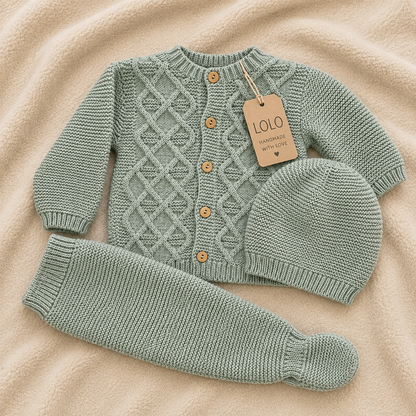 Conjunto de Malha para Bebé com Gorro Verde Sálvia LOLO