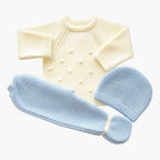 Conjunto de malha para bebé com gorro creme e azul céu LOLO