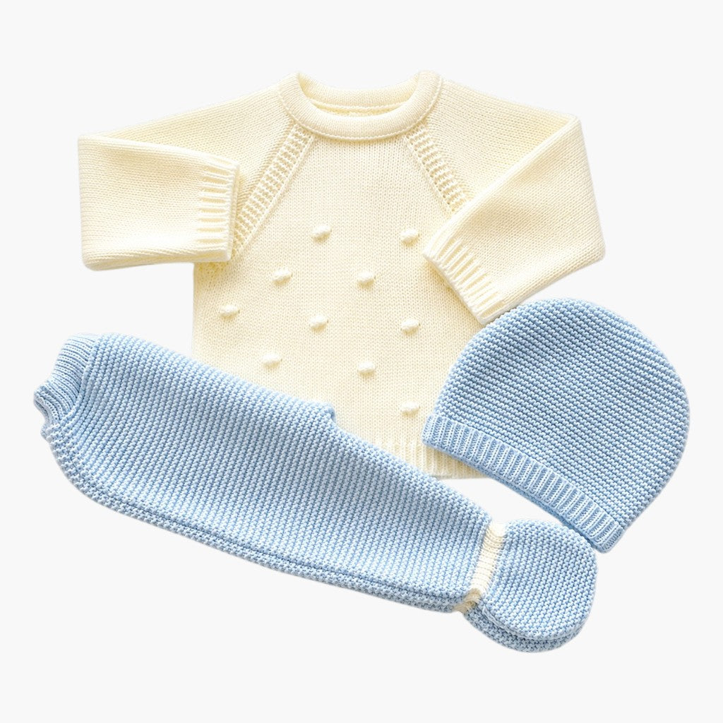 Conjunto de Malha para Bebé com Gorro Creme e Azul Céu LOLO