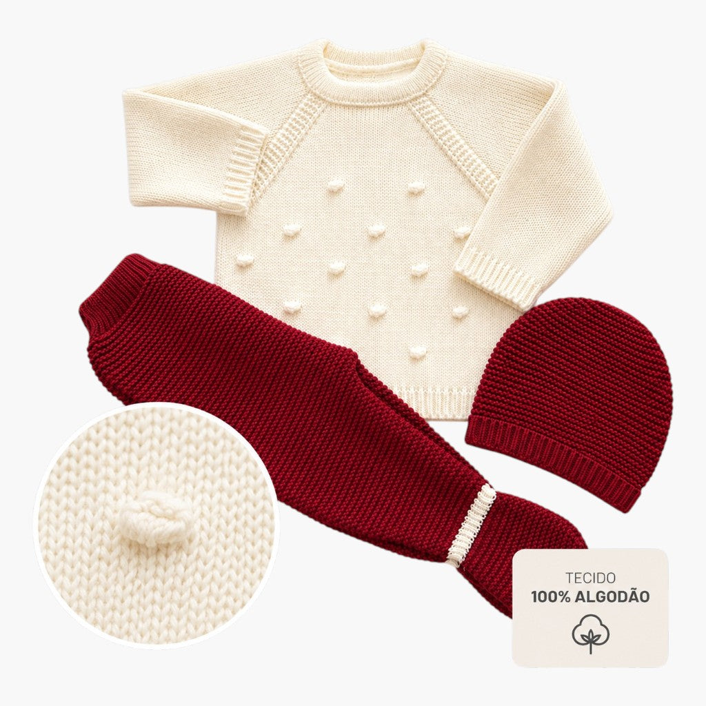 Conjunto de Malha para Bebé com Gorro Creme e Bordô LOLO