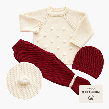 Conjunto de Malha para Bebé com Gorro Creme e Bordô LOLO