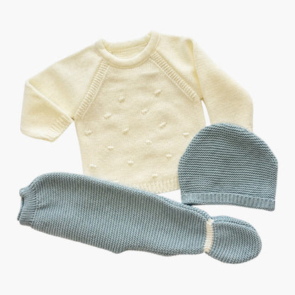 Conjunto de Malha para Bebé com Camisola, Calças com Pé e Gorro Marfim e Verde Sálvia LOLO