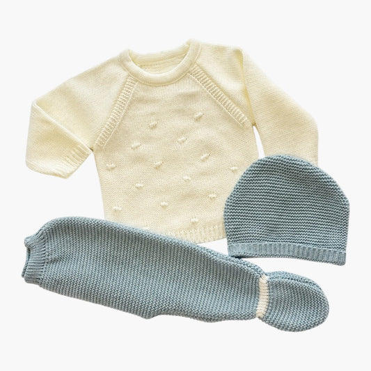 Conjunto de Malha para Bebé com Camisola, Calças com Pé e Gorro Marfim e Verde Sálvia LOLO