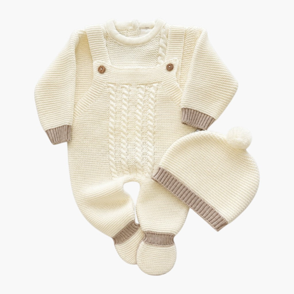 Babystrickset mit Latzhose, Pullover und Mütze Elfenbein und Beige LOLO