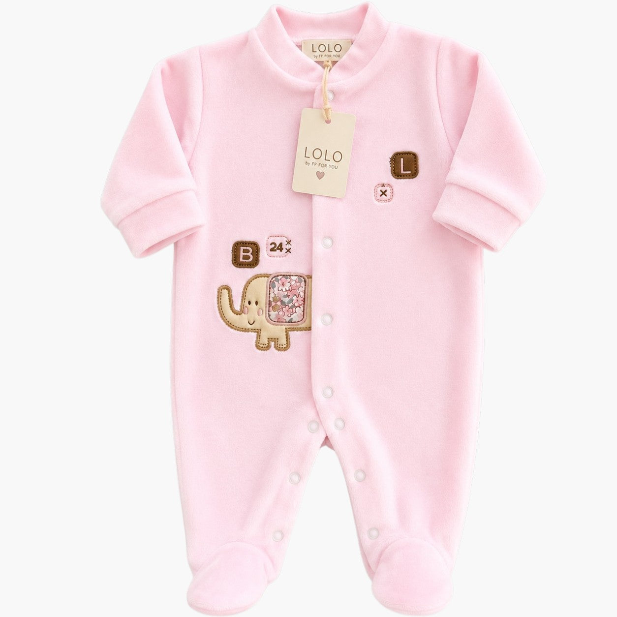 Babygrow de veludo rosa bebé com elefante, vista 2