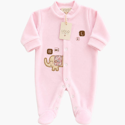 Babygrow de Veludo Rosa Bebé com Aplicação Elefante