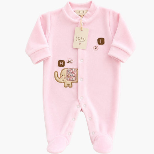 Babygrow de veludo rosa bebé com elefante, vista 2