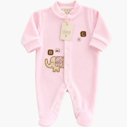 Baby-Strampler aus rosa Samt mit Elefanten-Applikation