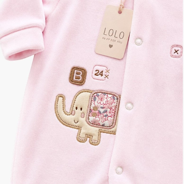 Babygrow de Veludo Rosa Bebé com Aplicação Elefante