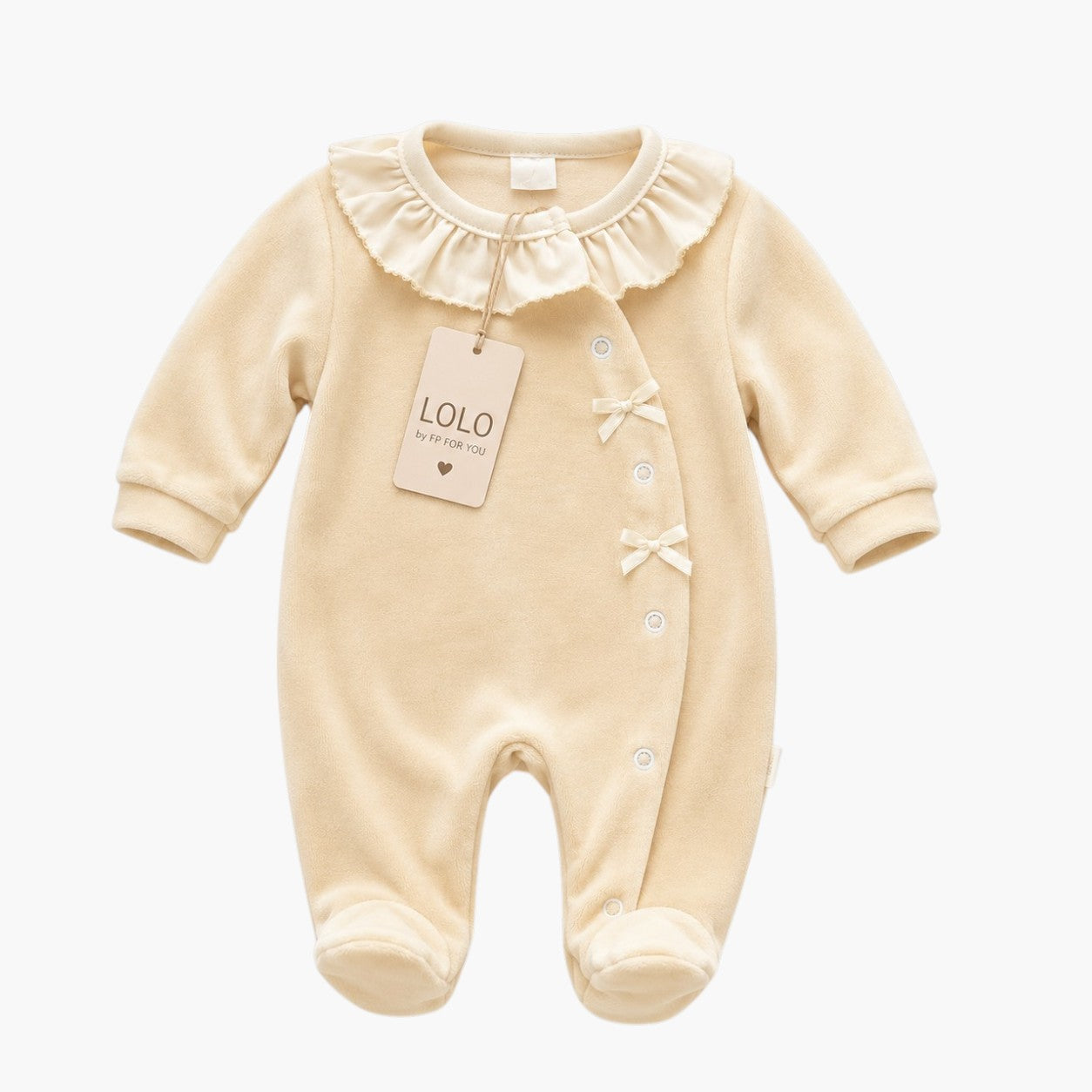 Babygrow de Veludo Bege com Gola de Folho