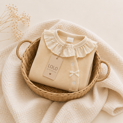 Babygrow de Veludo Bege com Gola de Folho