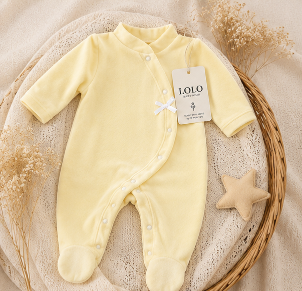 Baby Strampler aus gelbem Samt Bequem und weich für die ersten Tage