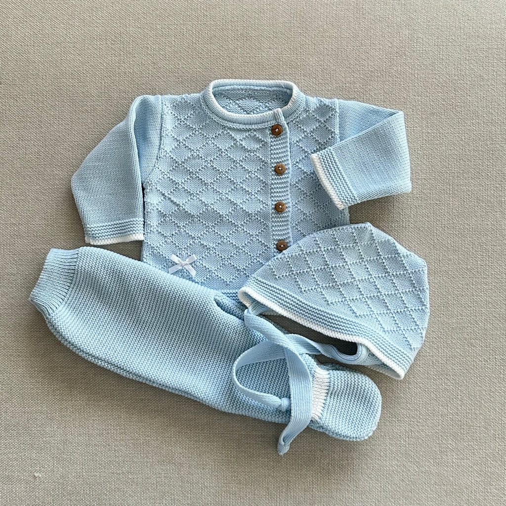Conjunto de bebé em malha azul bebé de 3 peças em algodão
