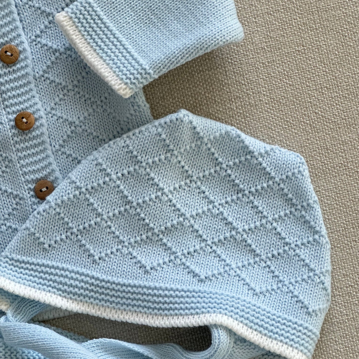 Baby-Set aus blauem Strick, 3-teilig, 100 % Baumwolle