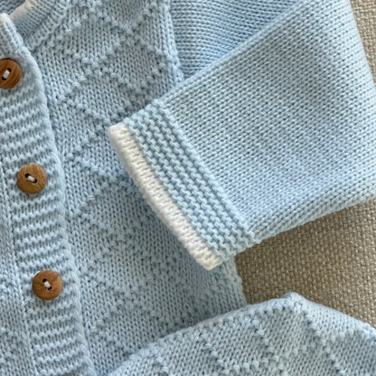 Baby-Set aus blauem Strick, 3-teilig, 100 % Baumwolle