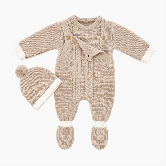 Conjunto de Malha para Bebé com Macacão e Gorro Bege Natural LOLO