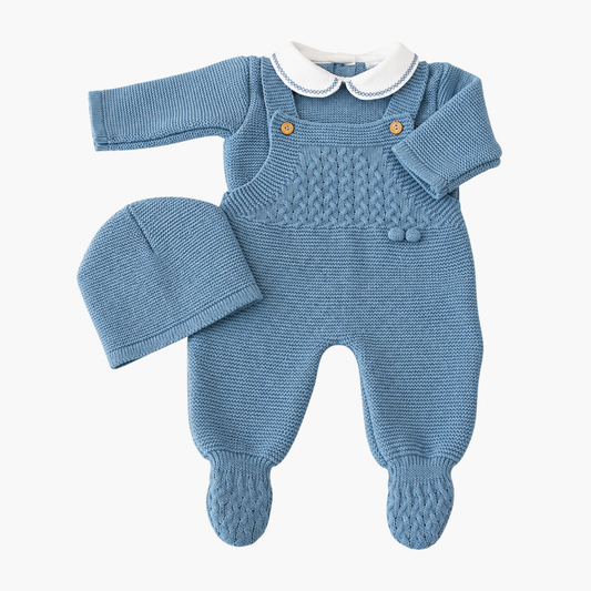 Jardineira de Malha para Bebé com Camisola e Gorro Azul Petróleo LOLO