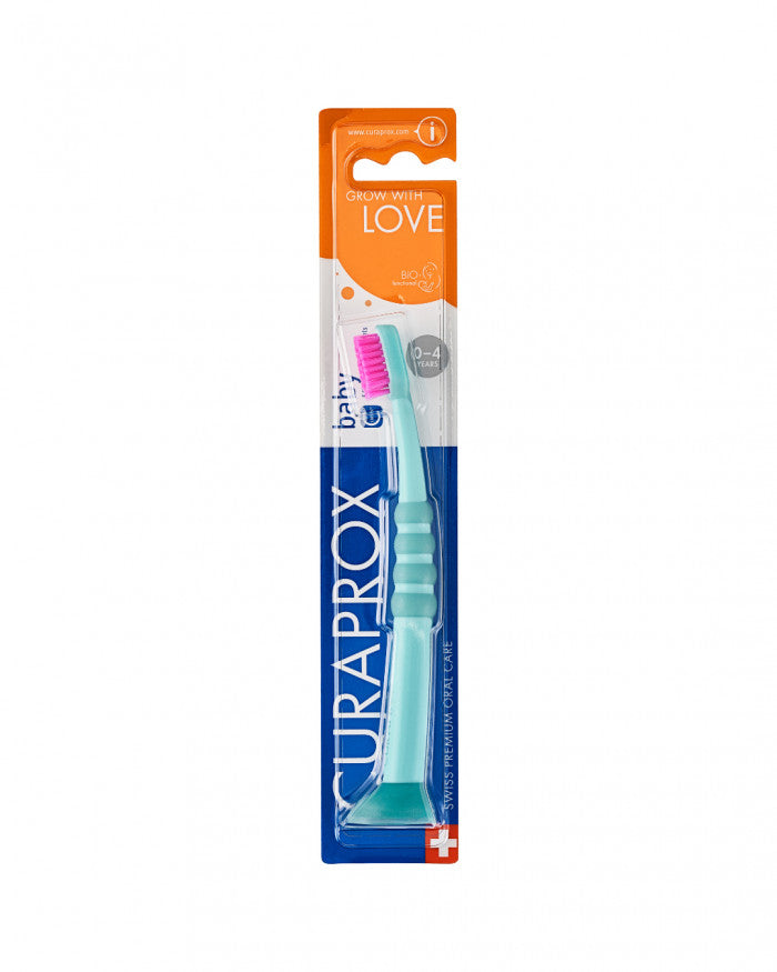 Escova de dentes Curaprox para bebé verde e rosa, vista 3